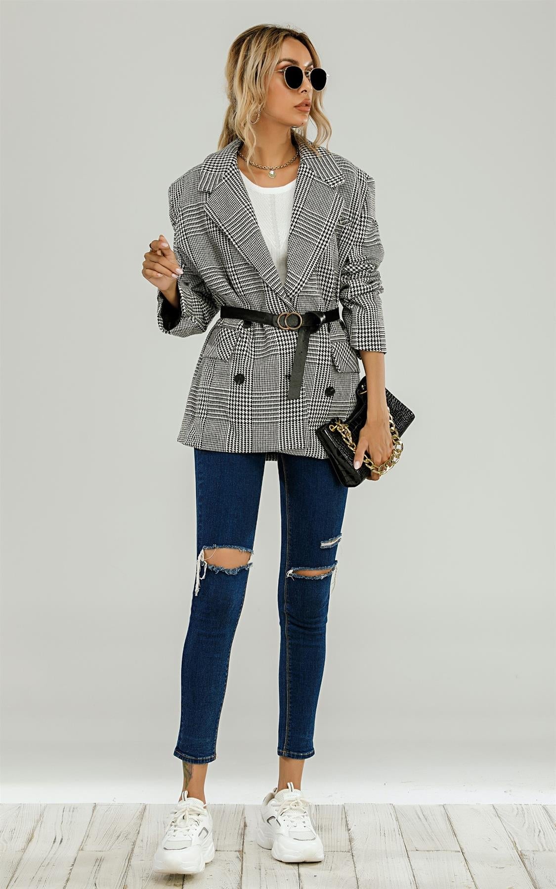 Check Double Breasted Blazer In Black & White