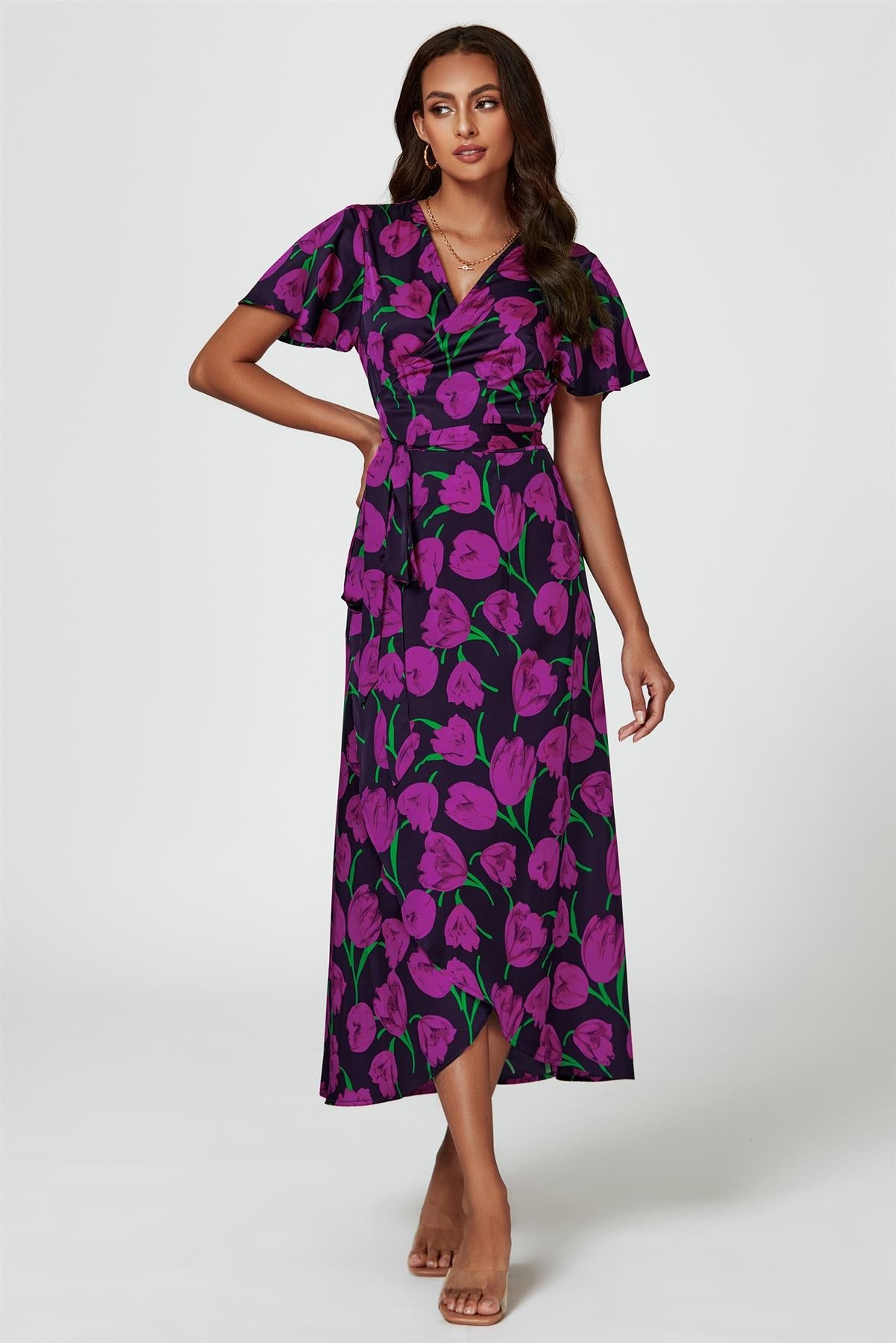 Floral Print Satin Wrap Maxi Dress In Magenta