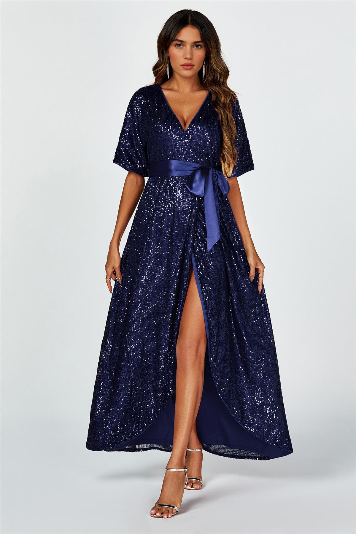 Wrap Style Sequin Maxi Dress In Navy