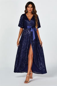 Wrap Style Sequin Maxi Dress In Navy