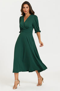 Half Sleeves Jersey Midi Dress with Wrap Neckline In Green
