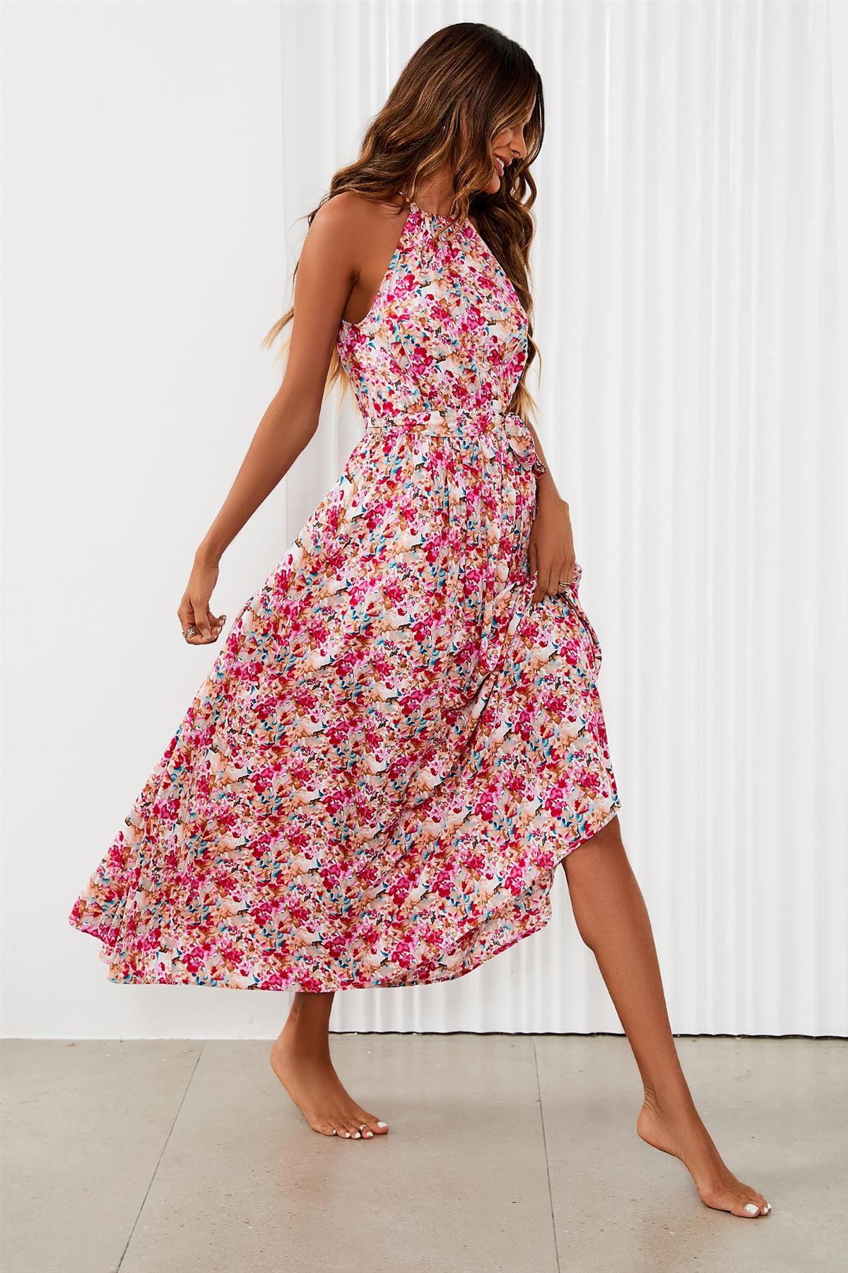 Floral Tie Halterneck Maxi Dress In Pink