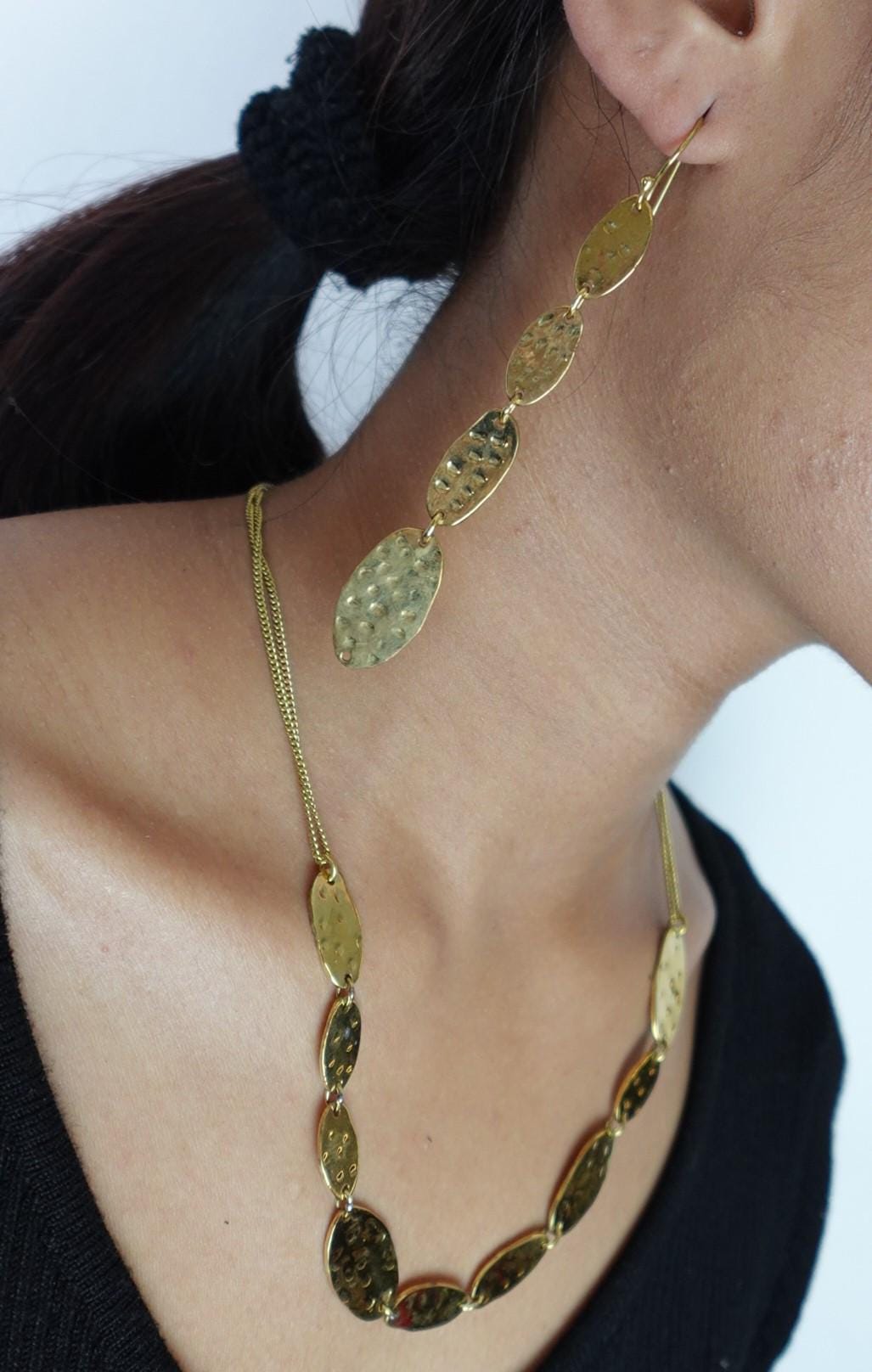 Solar Beam Oval Drops - Hammered Brass Earrings with Layered Oval Discs.