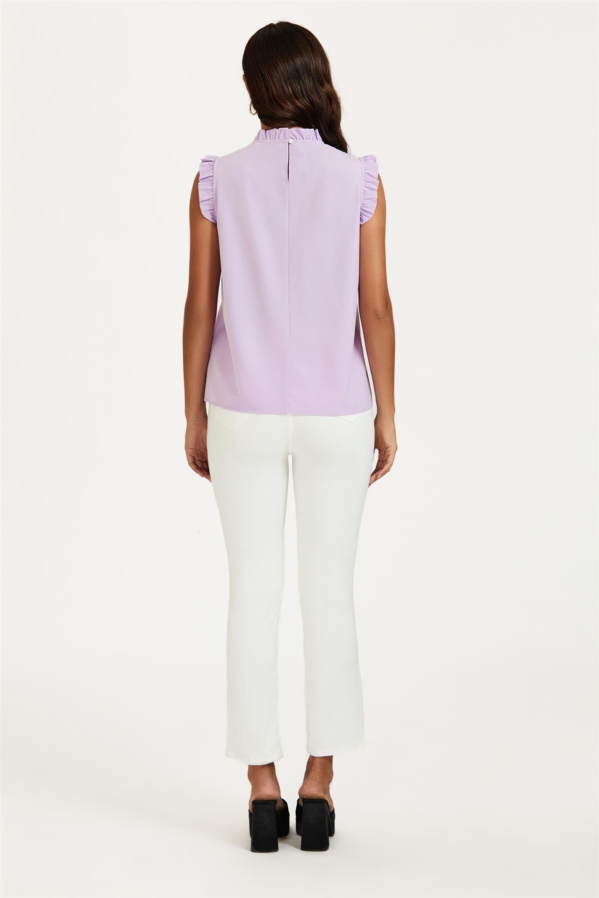 Frill Trim Sleeve Frill Neck Blouse Top In Light Purple