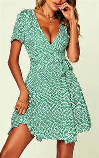 Green Sprint Floral Print Mini Wrap Dress