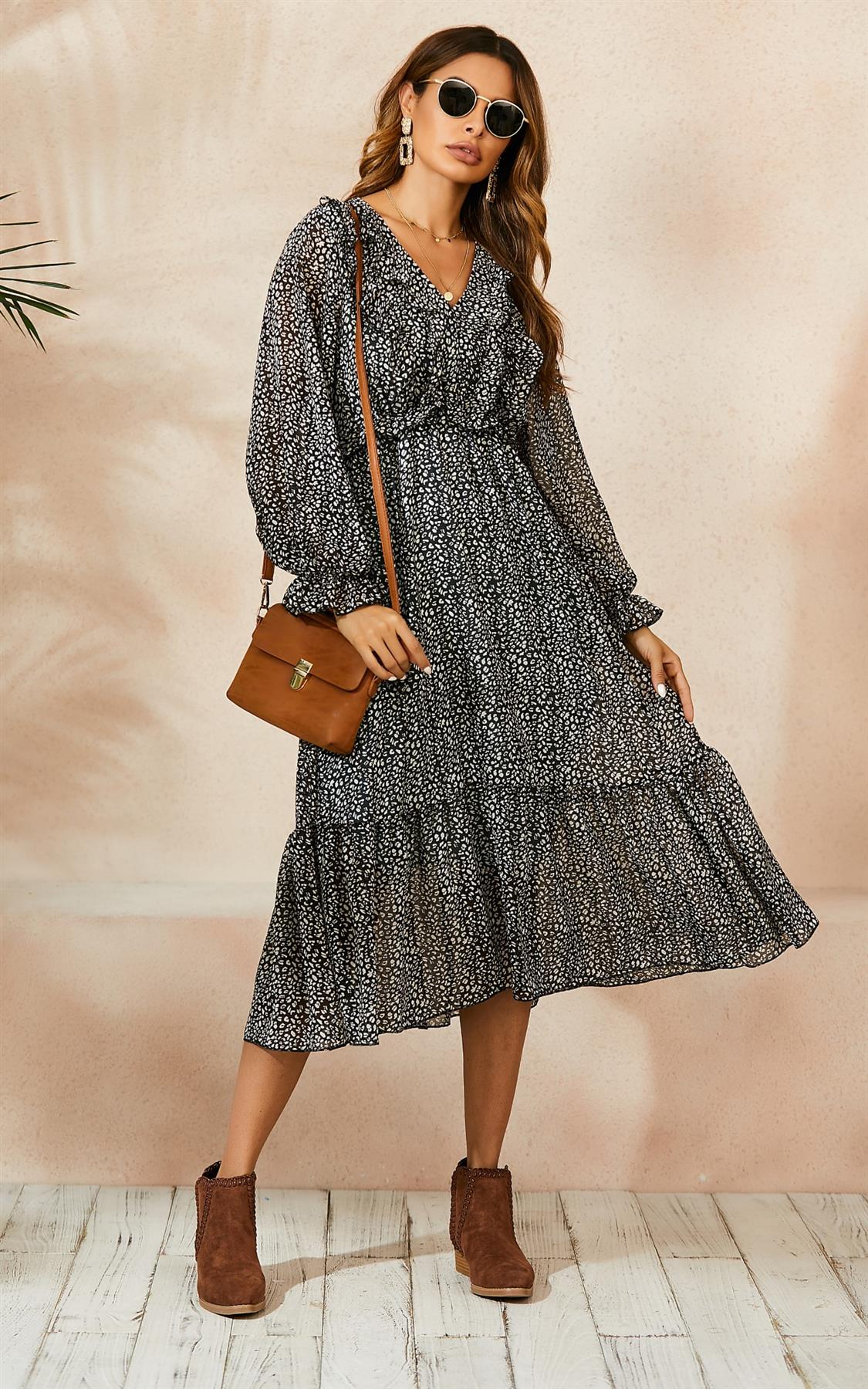 Ruffled Chiffon Mini Dress In Black & White Leopard Print