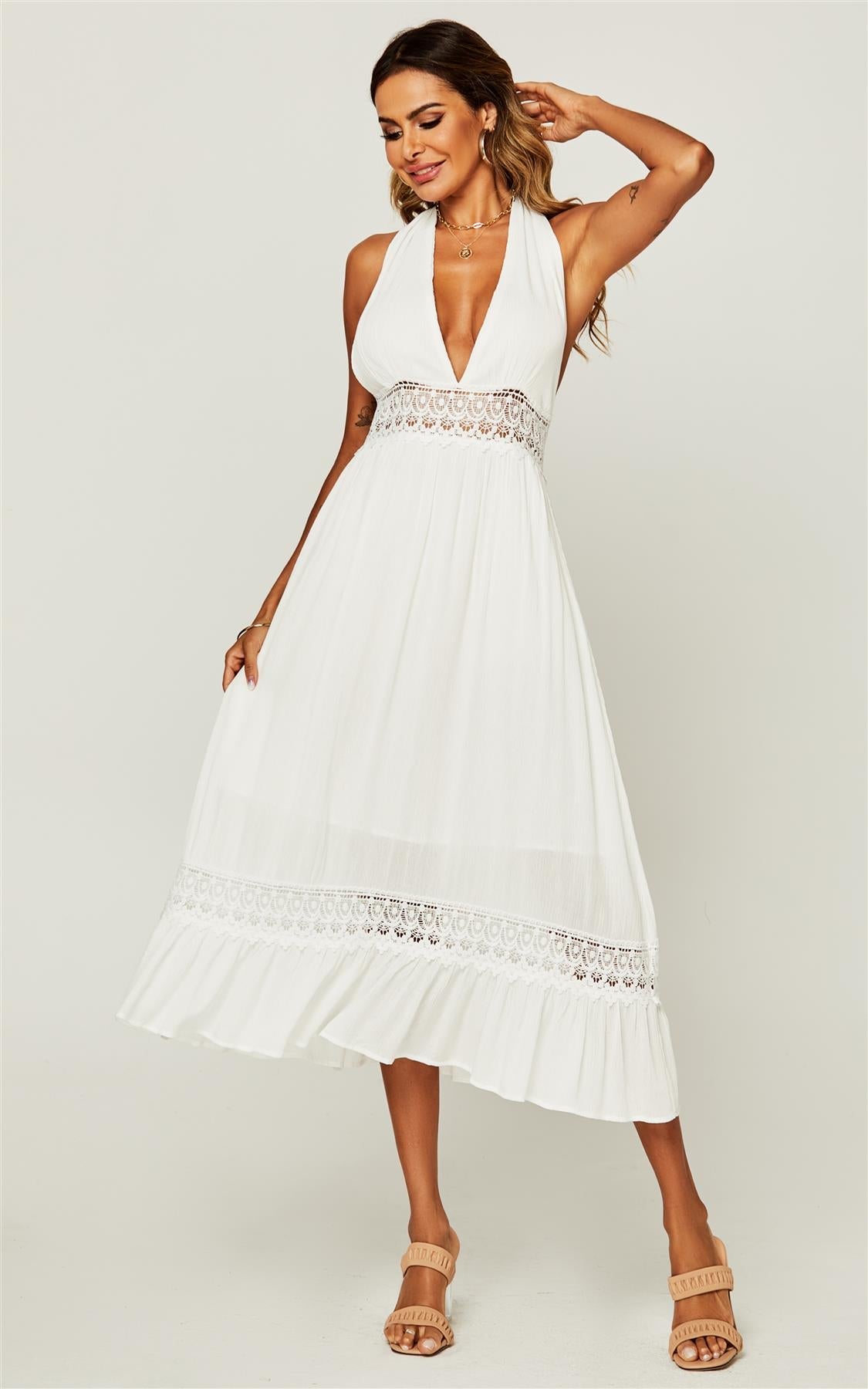 V Neck Back Tie Detail Lace Midi Dress In Ivory White