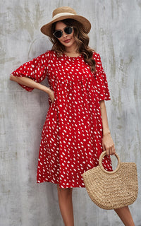 White Dot Short Sleeve Smock Dress In Red