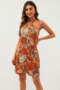 Satin Floral Print Halter Neck Mini Dress In Orange