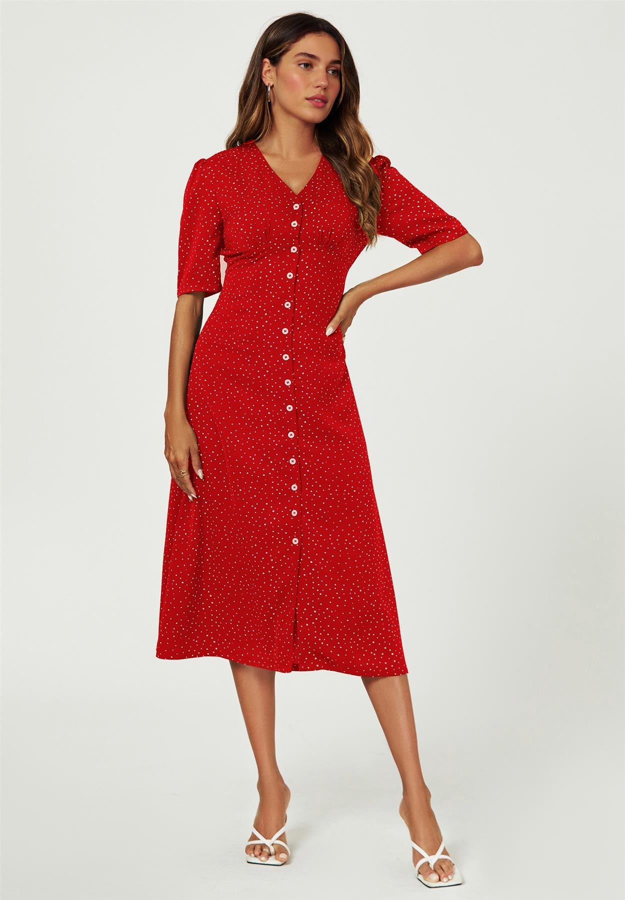 Dot Print Button Front Midi Dress In Red
