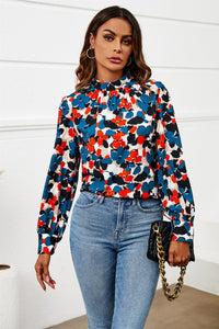 Floral Print Long Sleeve High Neck Top In Blue
