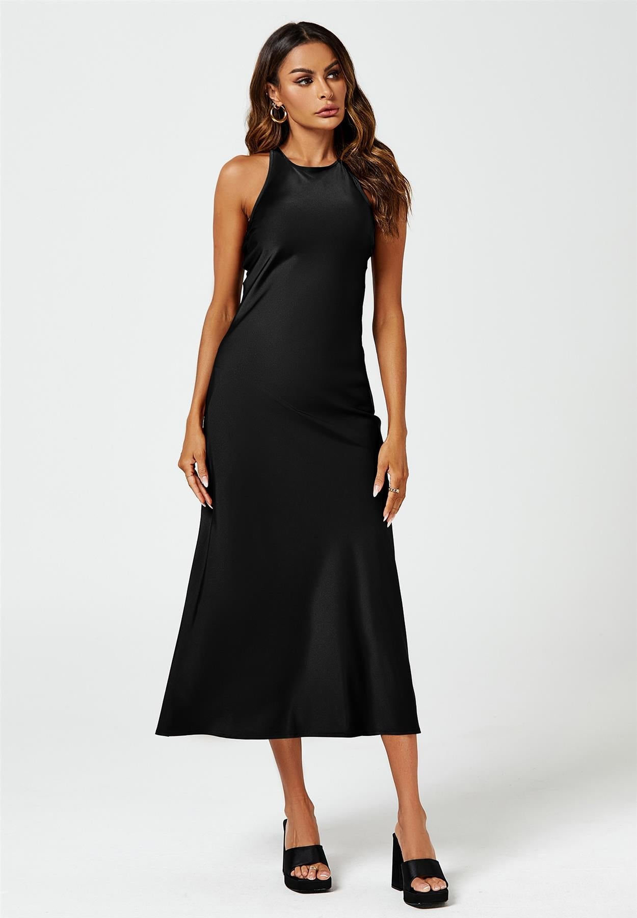 Slim-Fit Satin Midi Dress In Black
