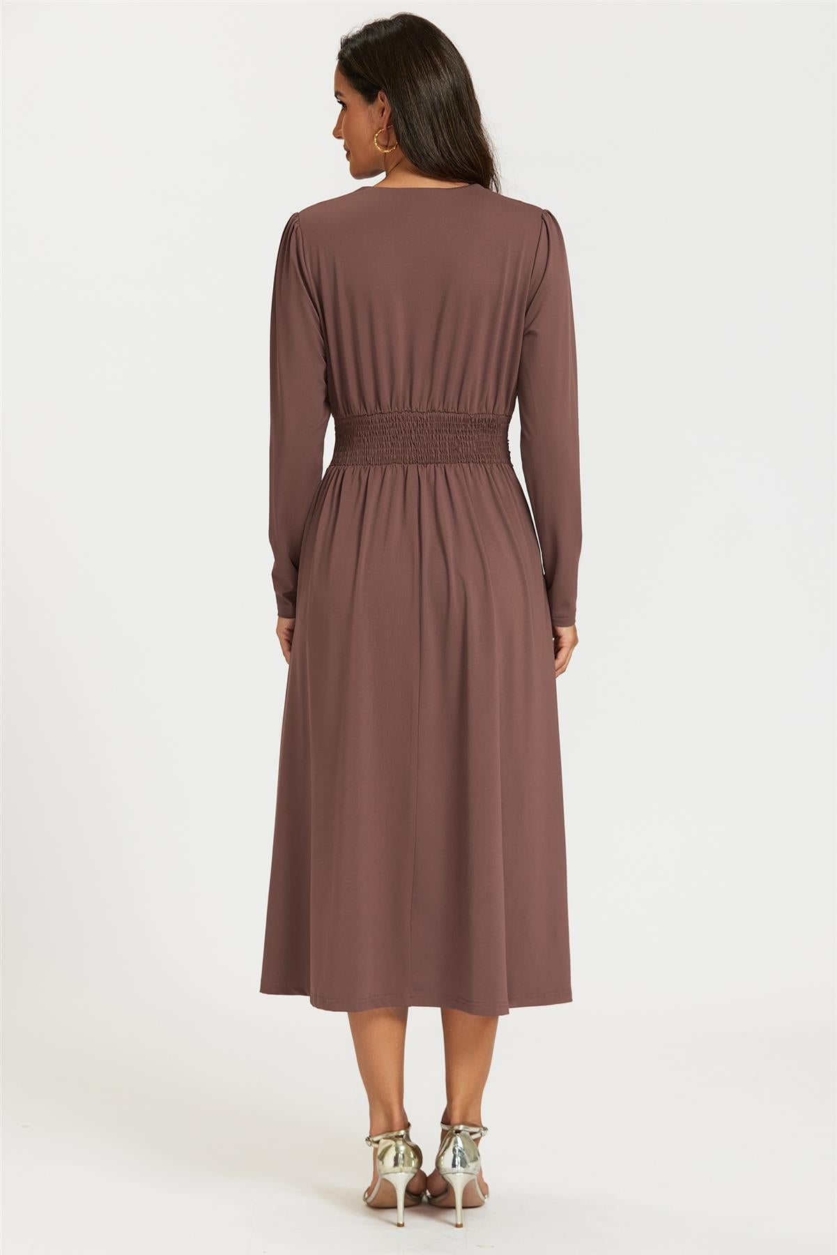 Jersey Long Sleeve Midi Dress In Brown