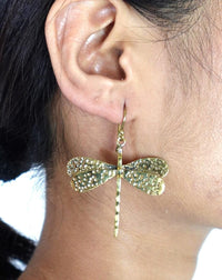 Textured Brass Dragonfly Earrings - Nature-inspired dangle earrings with hammered dragonfly motifs in antique brass.