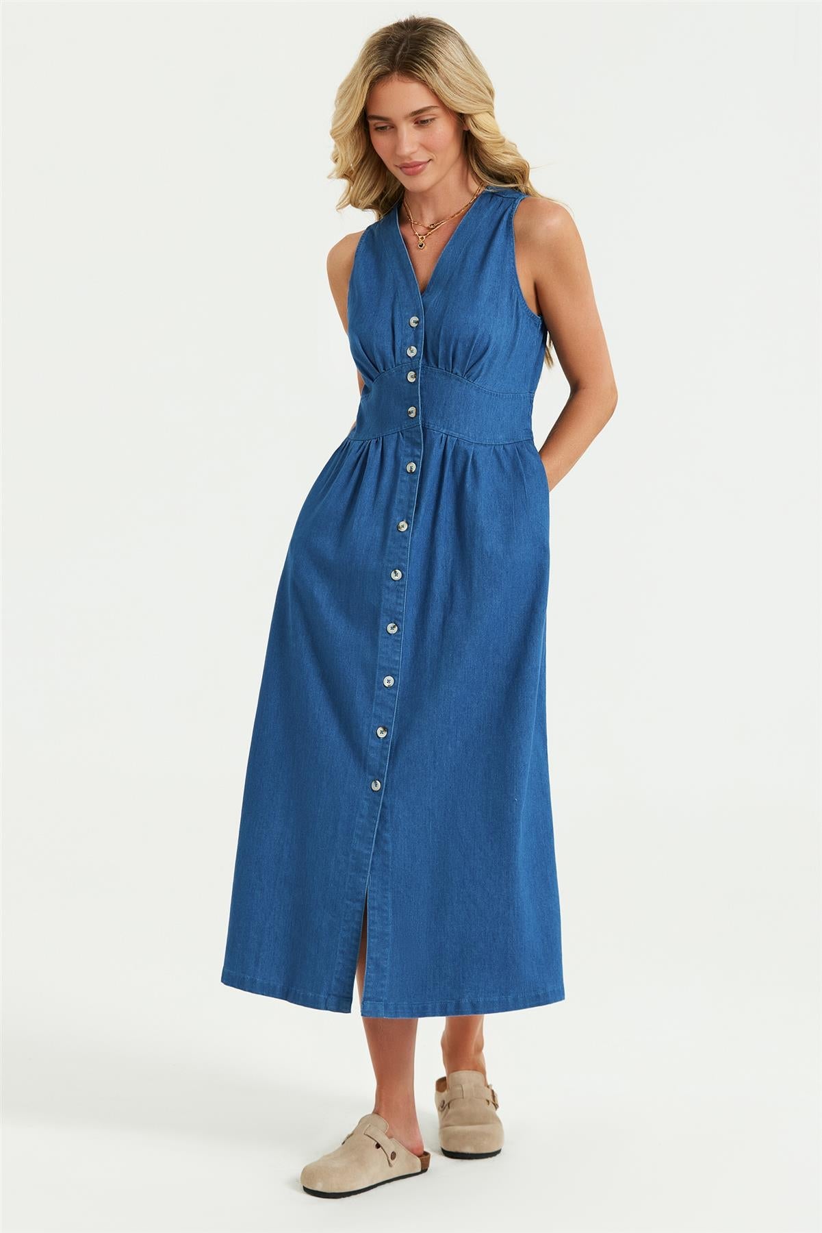 Button Down Denim Midi Dress In Blue
