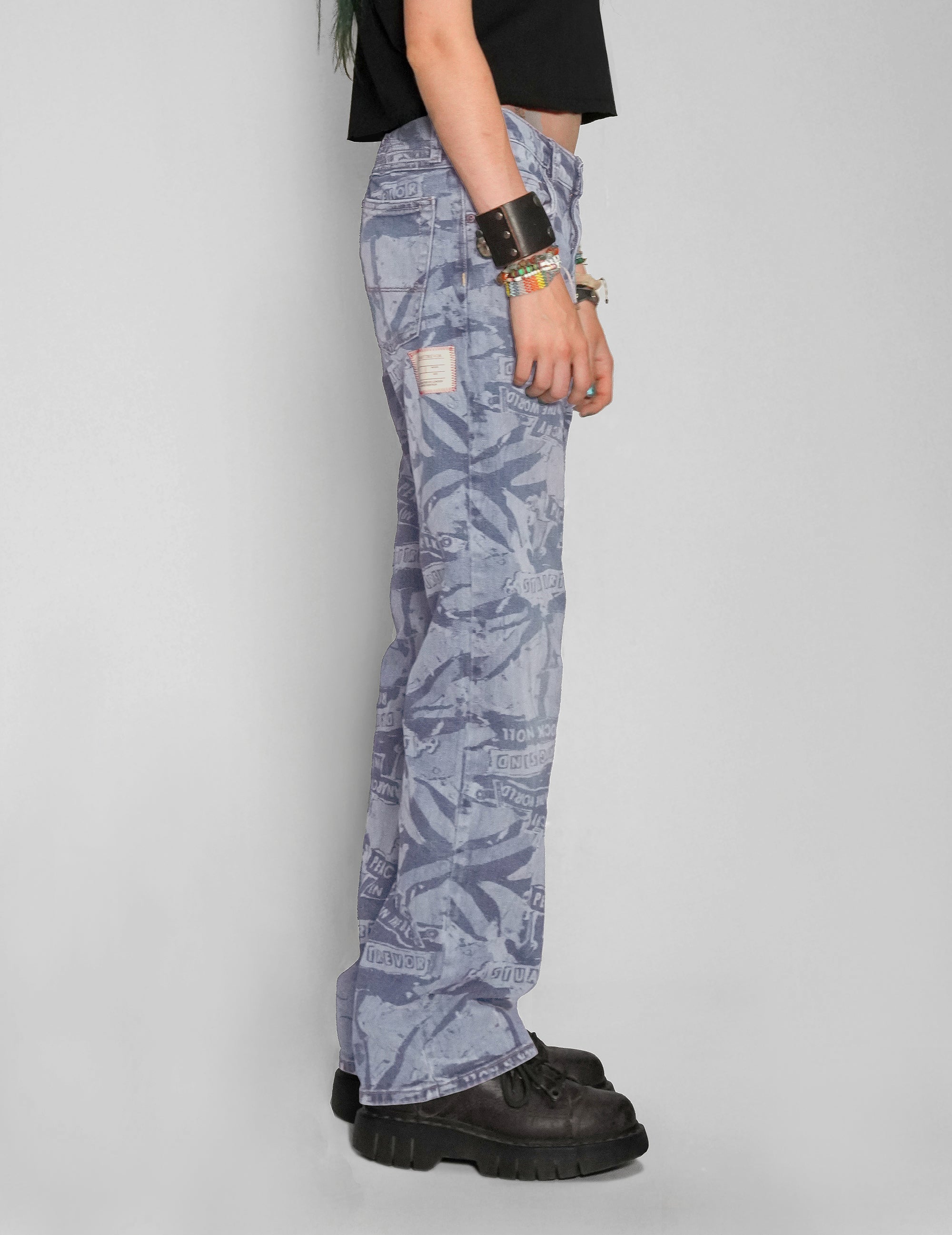 Unique 'Peace' Laser Print Jeans in Light Blue – One-of-a-Kind Vintage Style