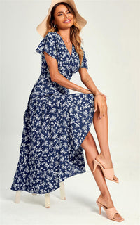 Summer Little Floral Print Hem Wrap Midi Dress In Navy