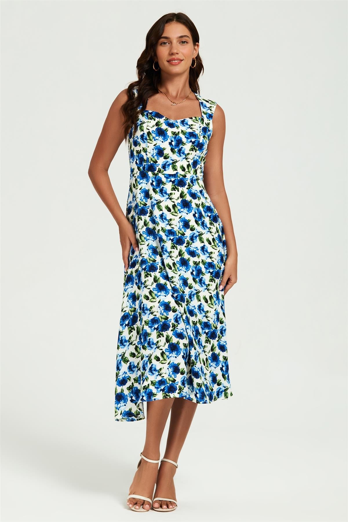 Blue Floral Print Heart Neck Midi Dress