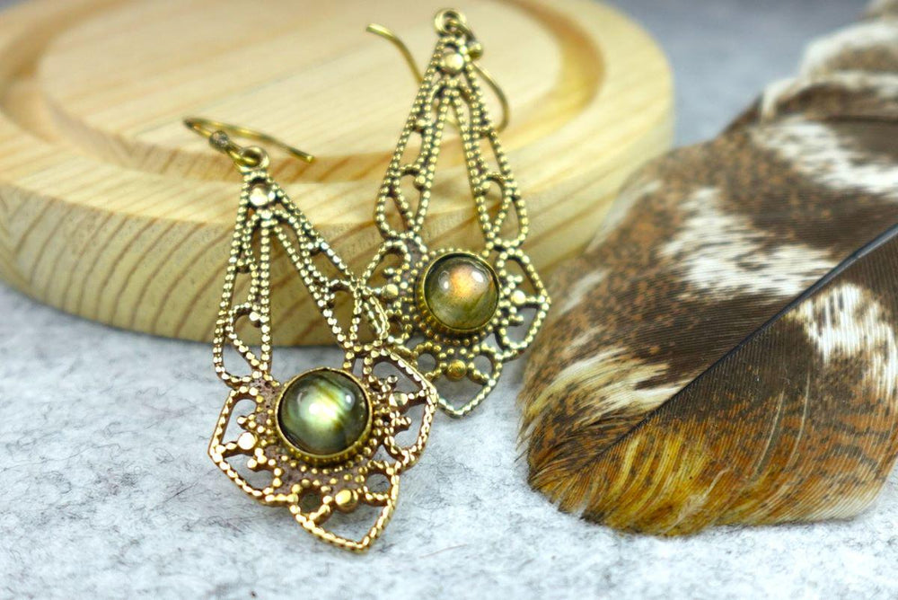 Mandala Brass Earrings with Gemstone Drop - Elegant boho-style brass earrings.