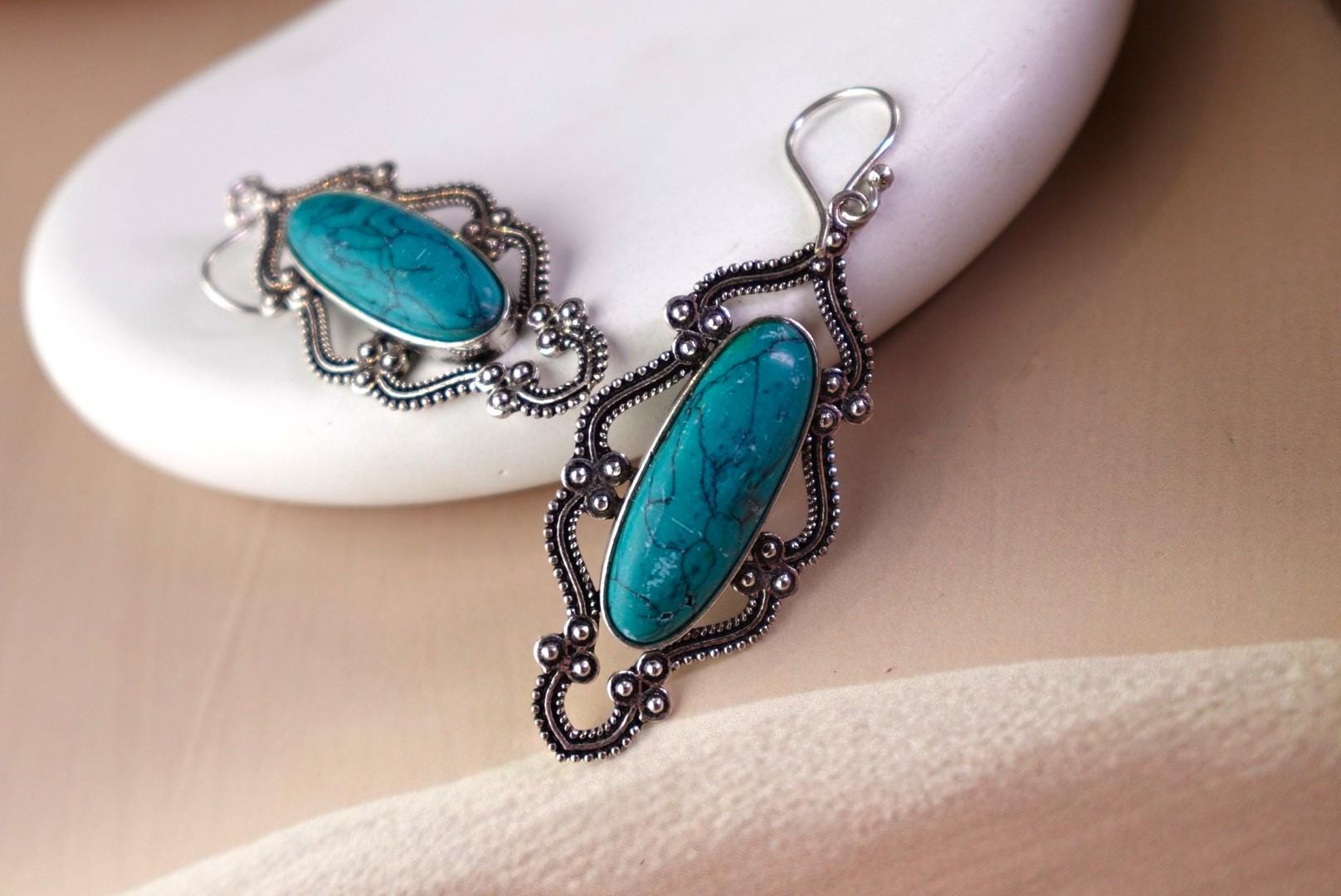 Mystic Oasis Drops - Vintage Silver Earrings with Turquoise & Labradorite Accents.