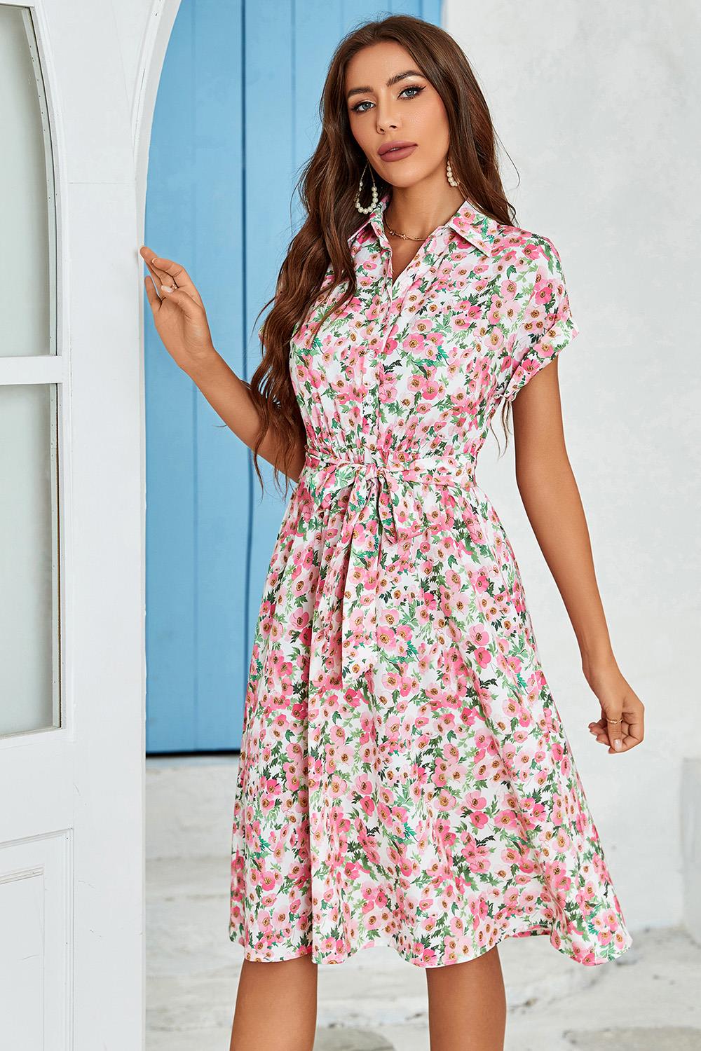 Floral Print Short Sleeve Shirt Midi Dress In Pink