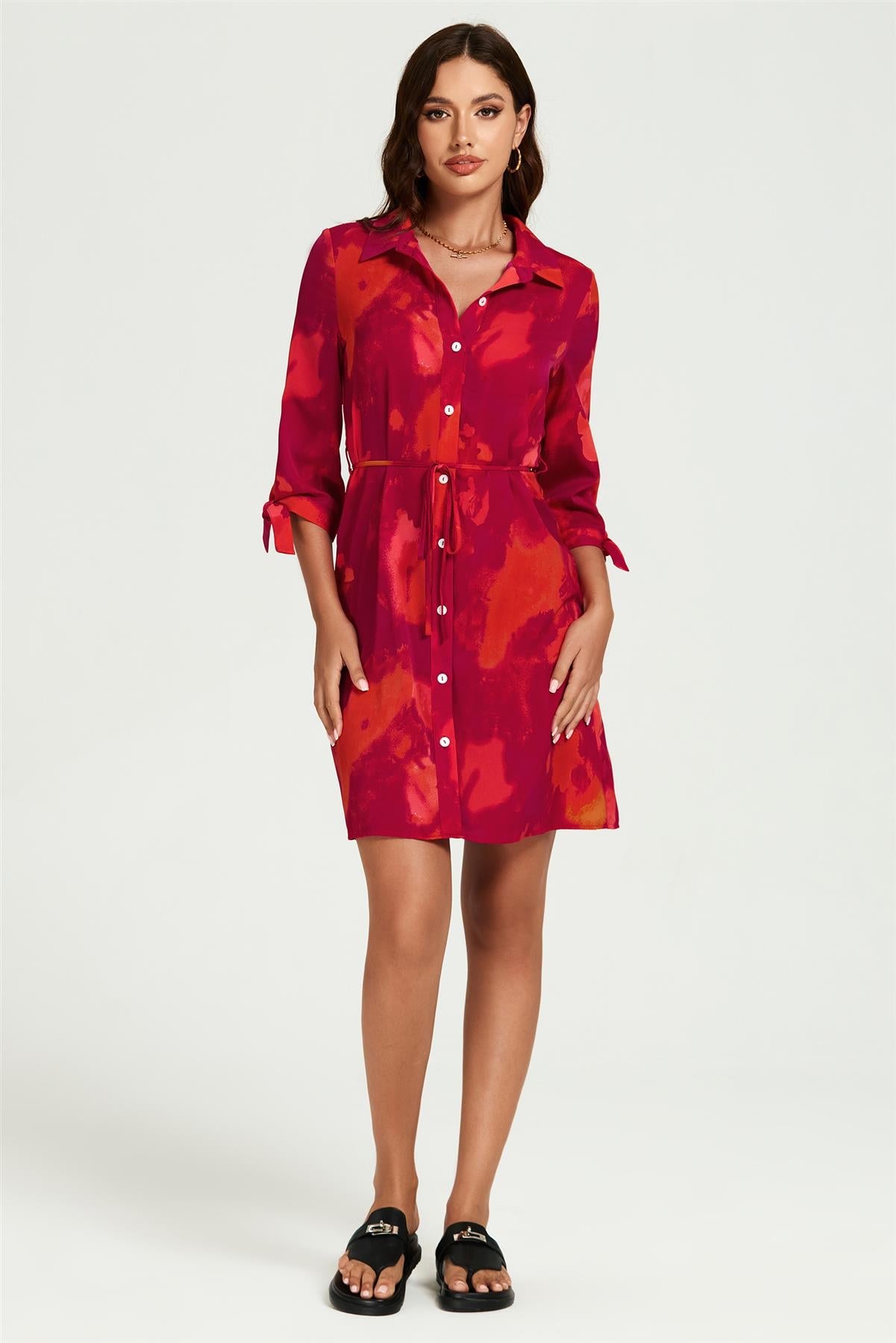 Abstract Print Shirt Mini Dress In Red