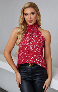 White Star Print Halter Neck Tie Back Top In Red