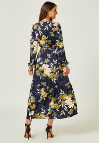 Feminine Floral Print Long Sleeve Wrap Midi Dress In Navy
