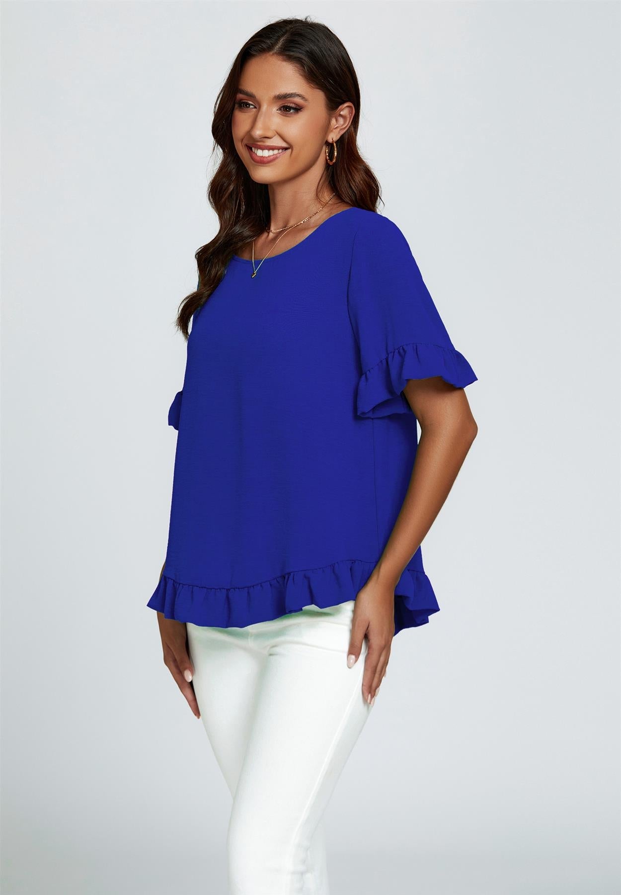 Frill Detail Short Sleeves Top In Royal Blue