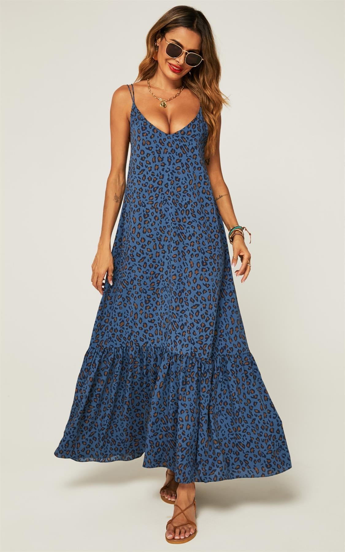 Hem Detail Slip Dress In Navy Leopard Print