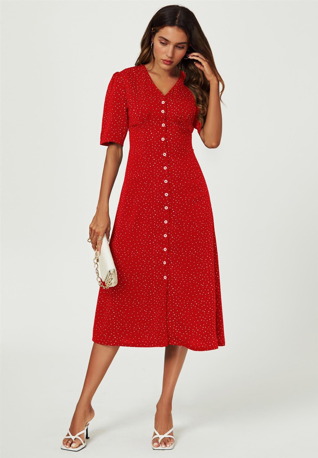 Dot Print Button Front Midi Dress In Red