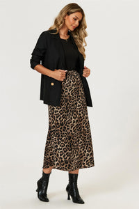 Leopard Print Satin Midi Skirt In Brown