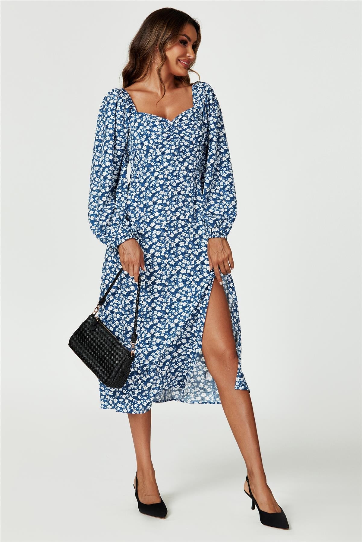 Floral Print Long Sleeve Heart Neckline Midi Dress In Blue