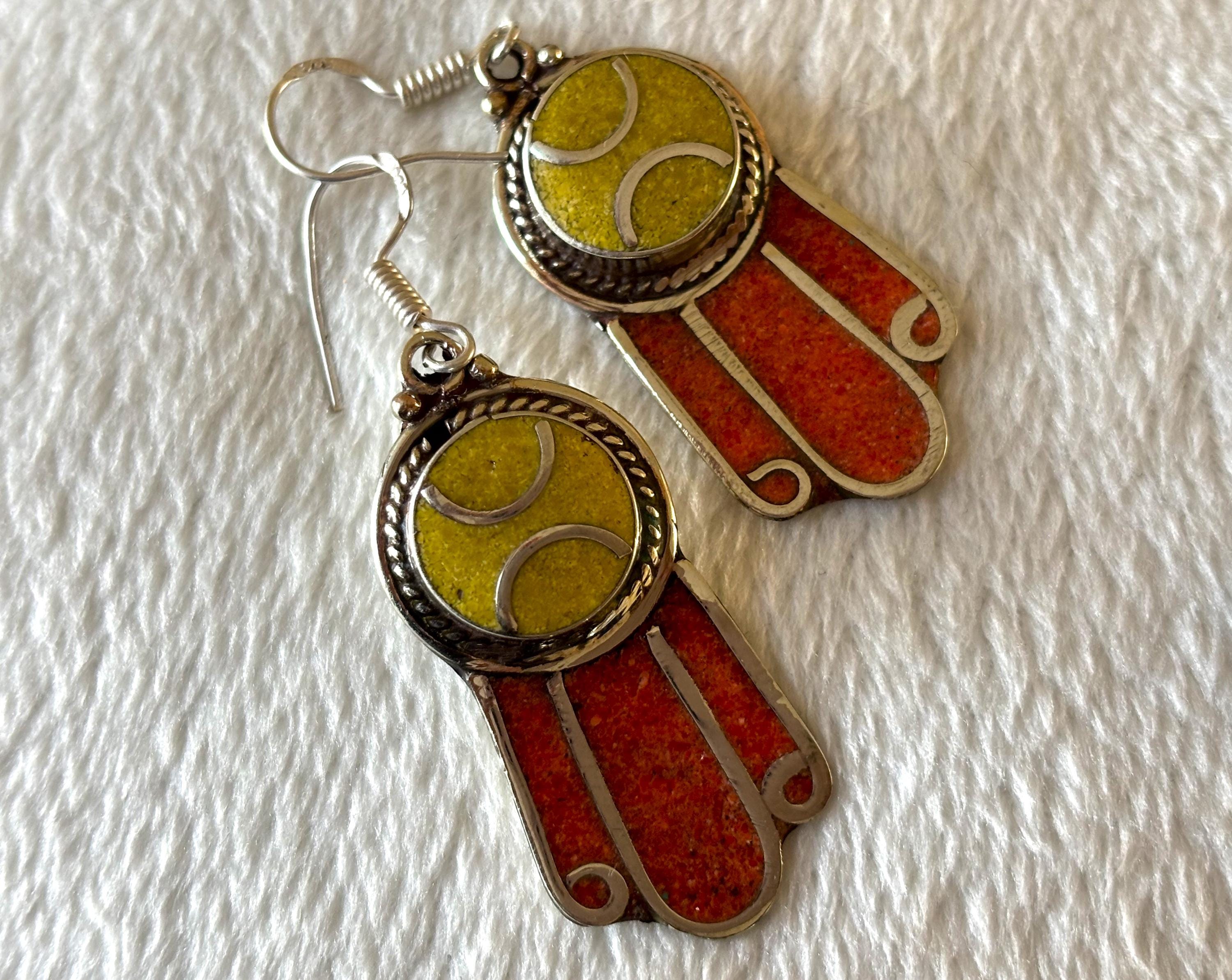Ethnic Earrings-Nepal Tibet-Natural Stone Jewellery-Silver Stone Earrings.