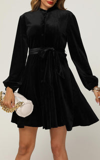Velvet High Neck Long Sleeve Button Down Mini Dress In Black