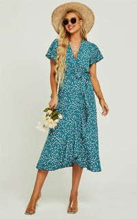 Angel Sleeve Wrap Midi Dress In Green Floral Print