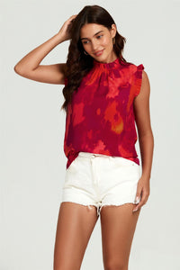 Abstract Print Frill Trim Sleeve Frill Neck Blouse Top In Red