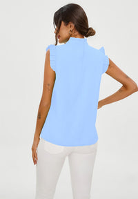 Frill Trim Sleeve High Neck Blouse Top In Light Blue