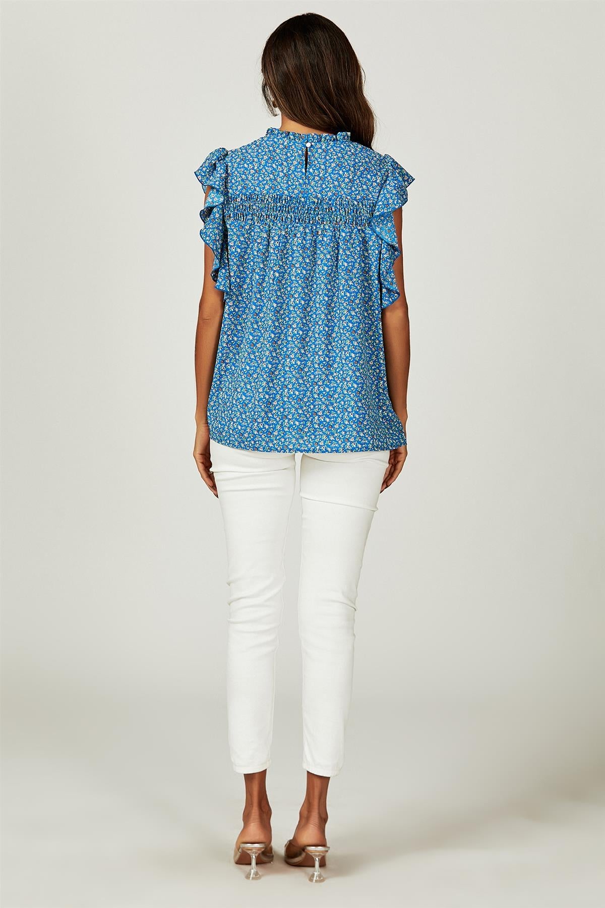 Floral Print Frill Hem Short Sleeve Blouse Top In Blue