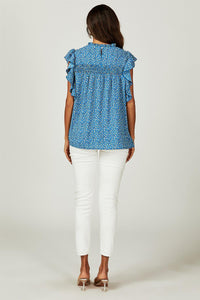 Floral Print Frill Hem Short Sleeve Blouse Top In Blue