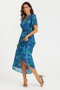 Abstract Floral Print Wrap Maxi Dress In Blue