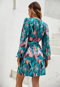 Teal & Pink Tie Dye Print Wrap Mini Dress In Green