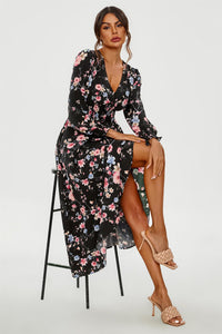 Floral Print Long Sleeve Midi Dress In Black