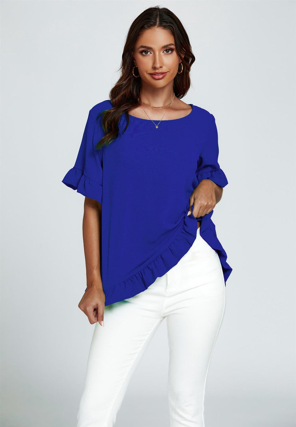 Frill Detail Short Sleeves Top In Royal Blue