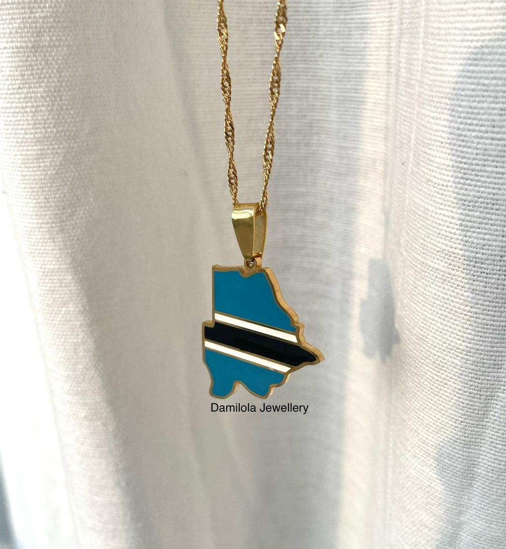 Botswana Flag Map Necklace - Gold