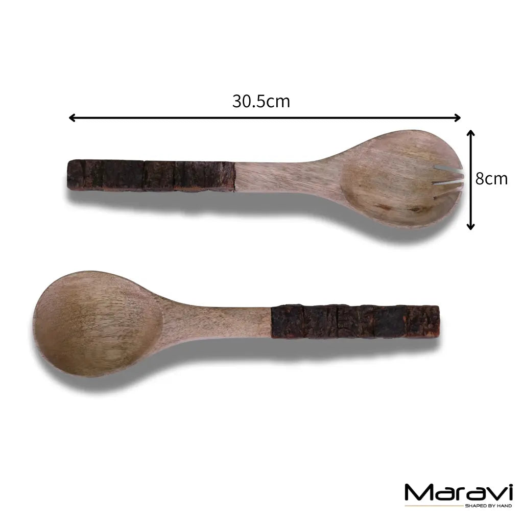 Bhimra Handcrafted Wooden Salad Servers with Bark Handle