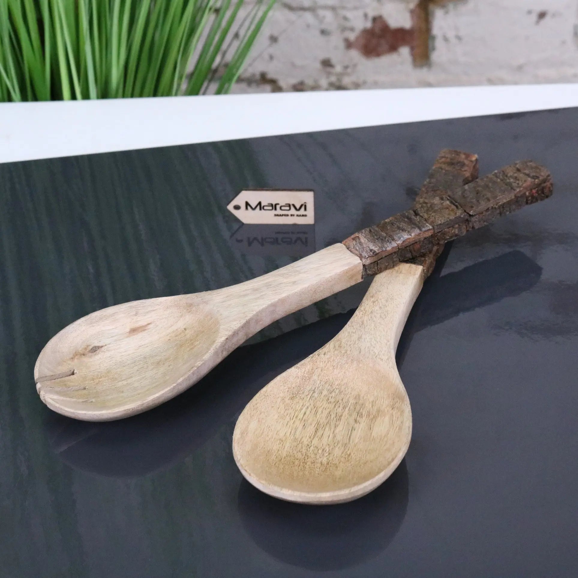 Bhimra Handcrafted Wooden Salad Servers with Bark Handle