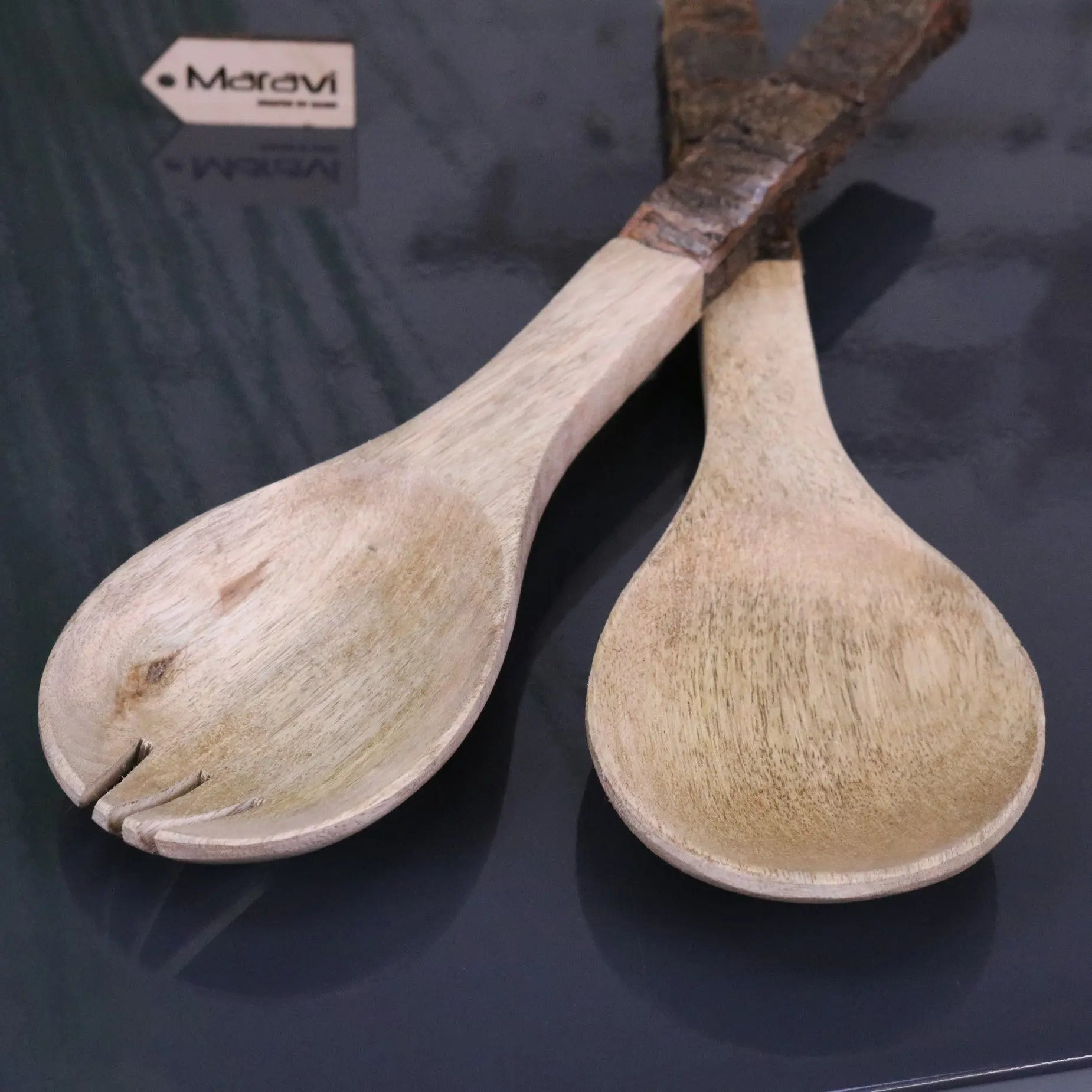 Bhimra Handcrafted Wooden Salad Servers with Bark Handle