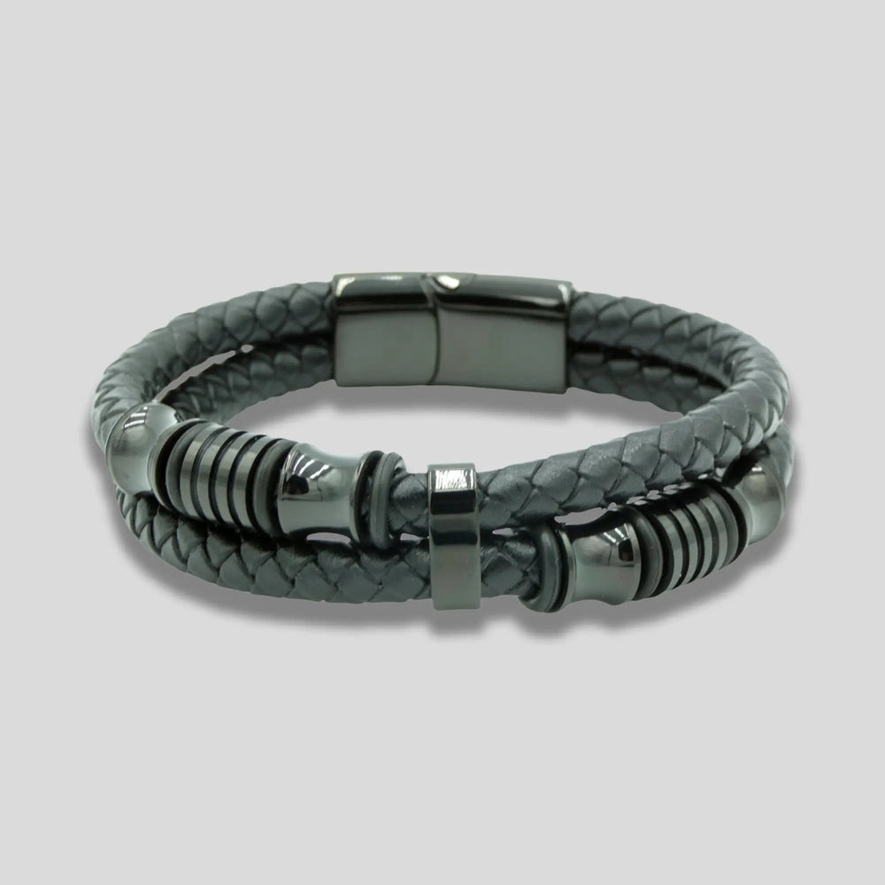 Black Leather Braided Bracelet with Black Charms