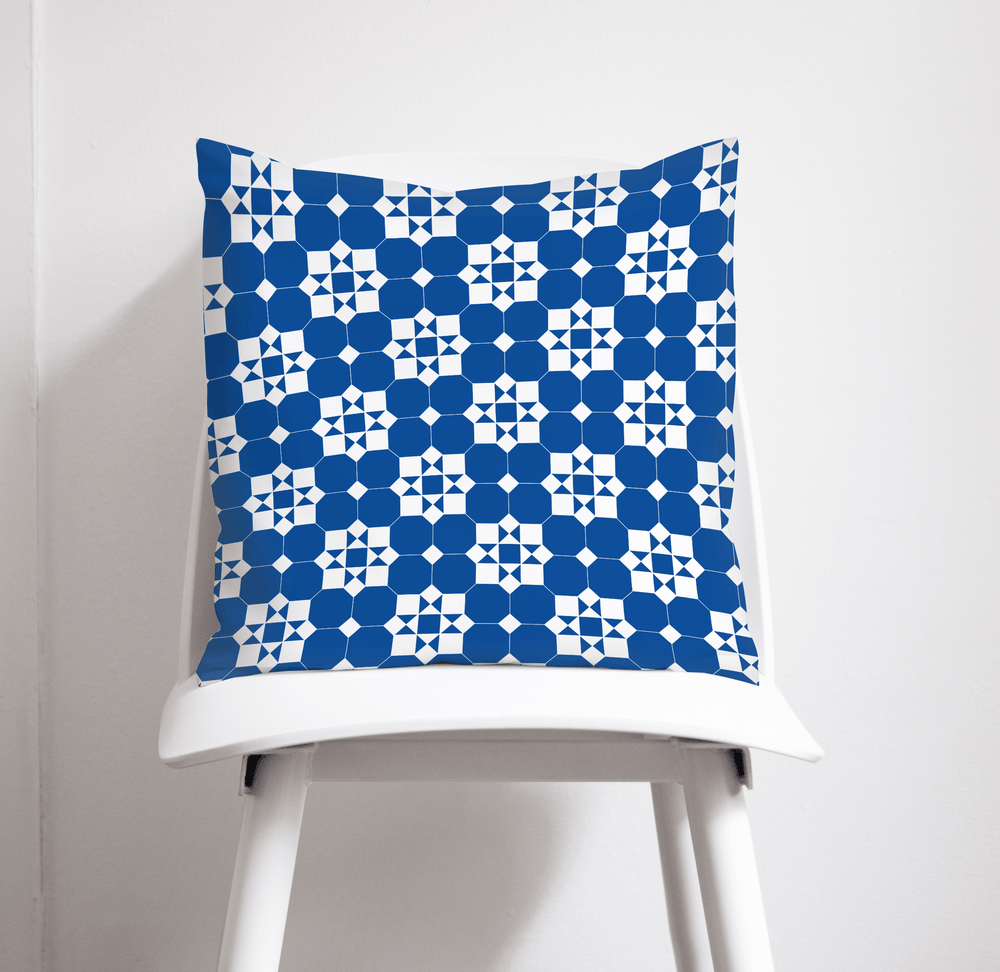 Blue and White Geometric Tiles Design Cushion, Throw Pillow